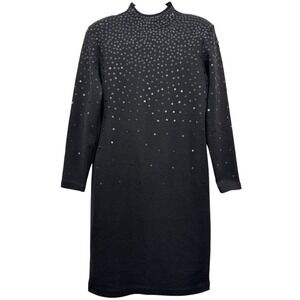 Vintage Dana Buchman Black Sequin Dress L Black 100% Wool Knit Long Sleeve‎
